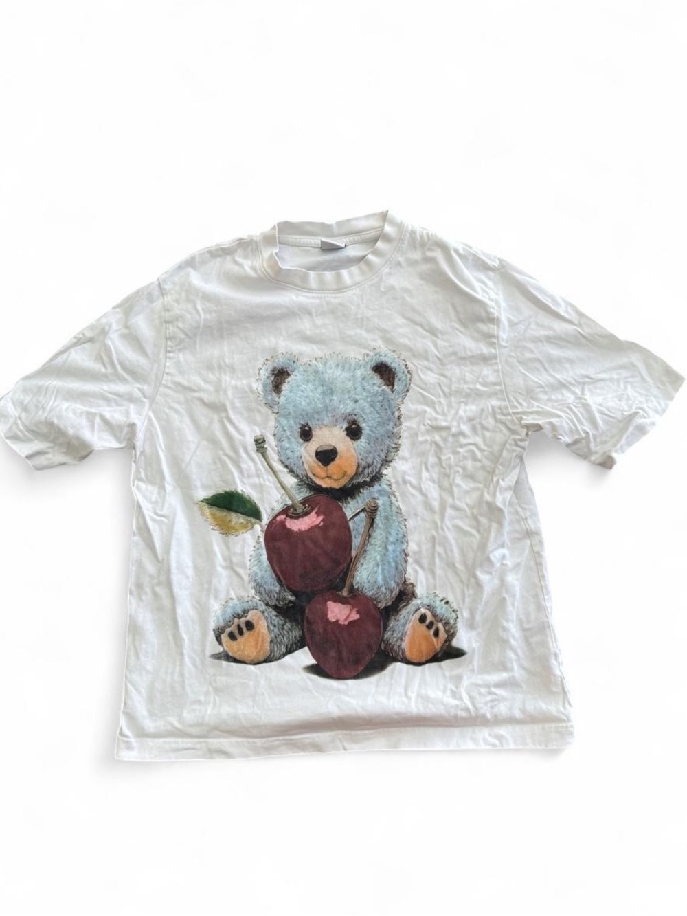 Bershka White Graphic Oversized Tee with Blue Teddy & Red Apple Print